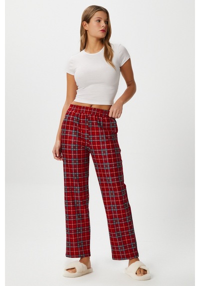 Ritnice Kadın Teddi Ultra Yumuşak Cepli Kırmızı Ekose Desen Yılbaşı Pijama Altı Koyukırmızı Koyu Kırmızı