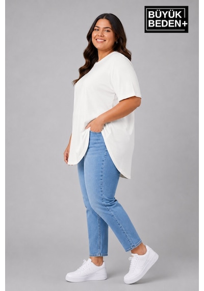Superlife Büyük Beden Kadın Bisiklet Yaka Basic Oval Etek Detalylı 3xl-6xl Uzun Tunik Spr26btsk502 Ekru