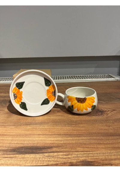 Sarı Çiçek Des Seramik Kupa Mug, Double Türk Kahvesi Filtre Kahve