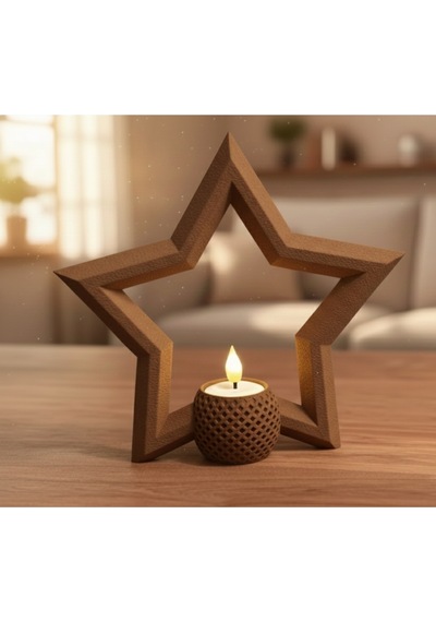 Yılbaşına Özel 3d Baskı Yıldız Tealight Mum Tutucu Seti 2 Adet - Kahverengi/gri