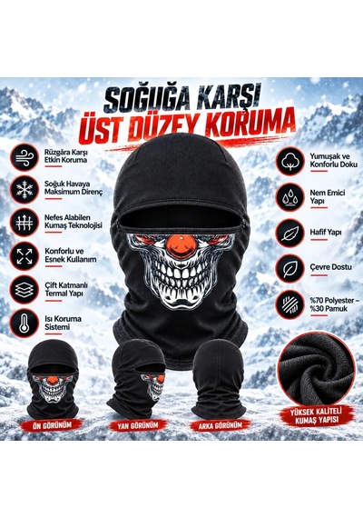 Ulupazarlama Unisex Şık Palyaço Desenli Balaklava Kışlık Tam Yüz Maske Termal Nefes Alan Esnek Kask Altı Boyunluk Siyah