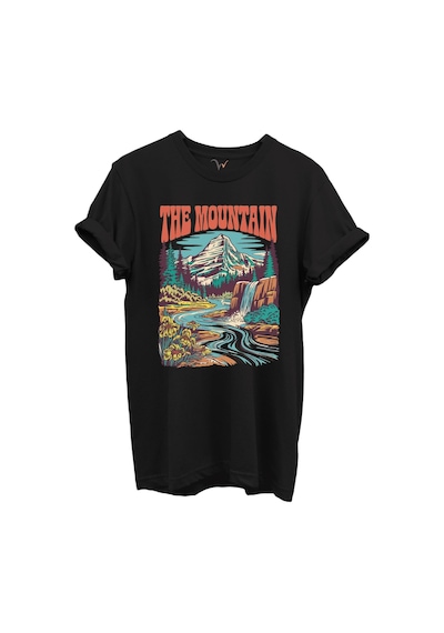 The Mountain Yazılı Dağ Manzarası Ve Şelale Baskılı %100 Pamuk Regular Fit Unisex T-shirt Siyah