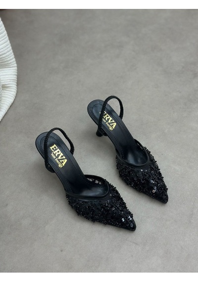 Ervanın Butiği Siyah Pullu Wely Lastikli Kadın Stiletto-6238 Siyah Cilt