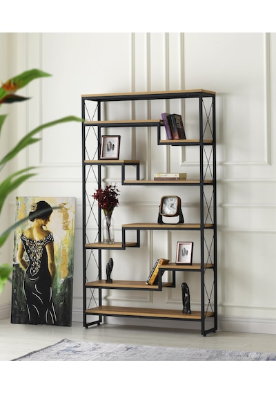 Erezogullari_Mobilya Modern Tarz Ahşap Metal 5 Raflı Labirent Kitaplık 100*30*180Cm