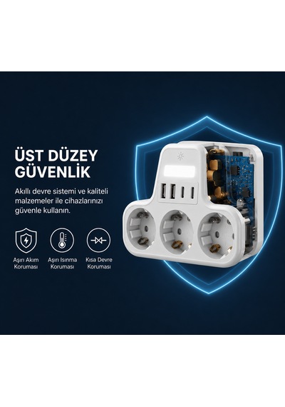 3 Lü Duvar Tipi Akım Korumalı Priz 2 Usb-a + 2 Type-c Girişli Led Gece Lambalı Akıllı Çoklu Priz 0