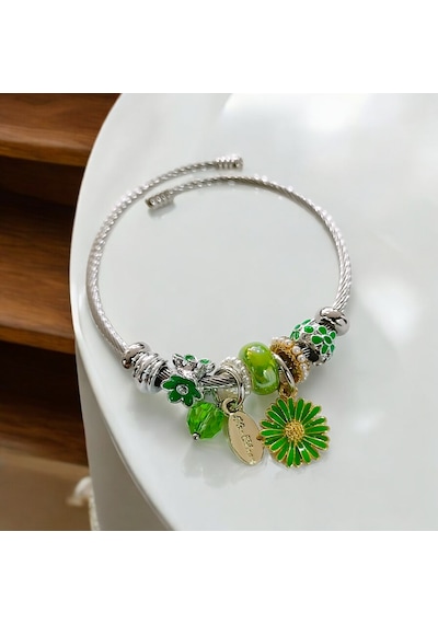 Kadın Çelik Charm Bileklik Bilezik Çiçek Figürlü Yeşil Çelik