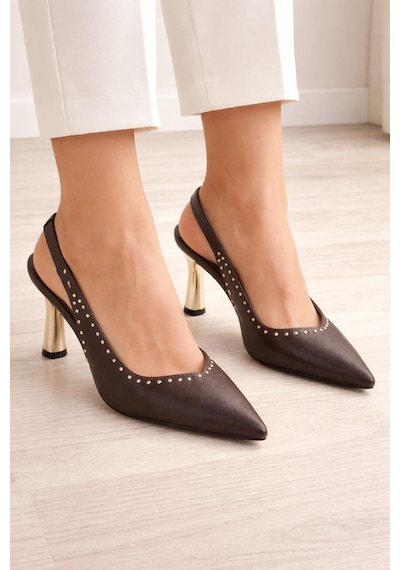 Modaonn Kadın Sivri Burun Zımbalı Slingback İnce Topuk Ayakkabı Kahverengi