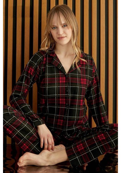 Cotonhause Kadın Önden Düğmeli Süet Ekose Kırmızı Pijama Takımı C5t6n6o0-5 001