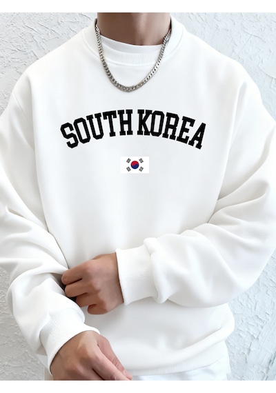 Startmore Startmoregüney Kore Bayrağı Baskılı Erkek Sweatshirtleri Kışlık Bisiklet Yaka Kapüşonlu Üstler Sokak P Beyaz