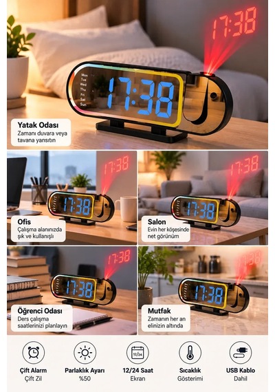 Led Dijital Masa Saati Şık Tasarım Alarm Özelliği Parlaklık Ayarı Sıcaklık Ve 12 24 Saat Gösterimi Diğer