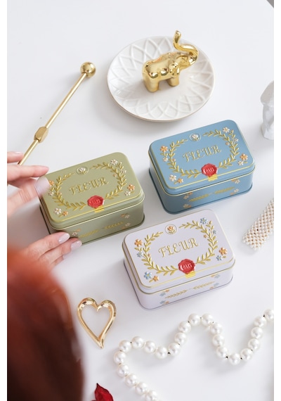 4'lü Set - Fleur Kabartmalı Vintage Metal Saklama Kutusu