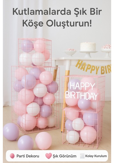3 Lü Pembe Plastik Grid Box Seti Dekoratif Balon Kutusu Parti & Baby Shower Süsleme