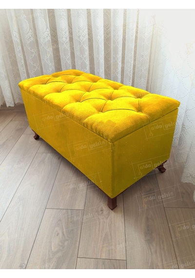 Lüks Sandıklı Kapitoneli Ayakucu Puf Bench 90 Cm Ceviz Ayak Sarı