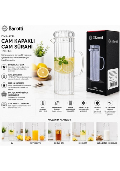 Barotti Dmr-9794 Cam Kapaklı Borosilikat Cam Sürahi 1200 Ml- 12'li Paket