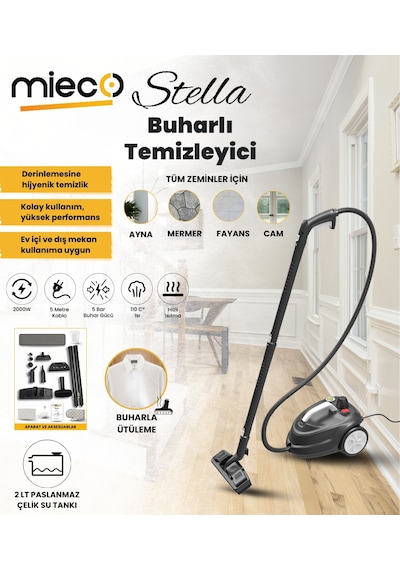 Mieco Stella 2000W Çok Fonksiyonlu Buharlı Temizleyici - Buharlı Temizlik Makinesi +Ütü Başlığı
