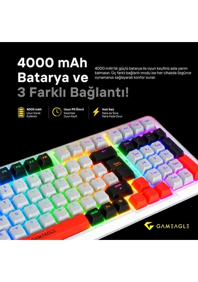 Troya Mix Rgb Mekanik Oyuncu Klavyesi, Kablosuz 3 Mod, Red Switch, Full Anti-ghosting, 4000 Mah, Türkçe Q, Numpad Kar