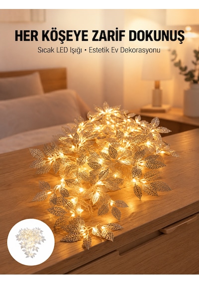 Yaprak Şekilli Gümüş Led Işık Pilli Dekoratif Aydınlatma Çokrenkli