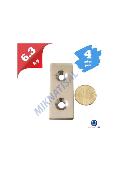 50X20X3Mm (10X5Mm) 2 Havşalı Güçlü Neodyum Mıknatıs 4 Adet