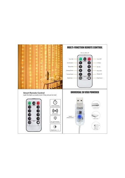 Peri Telli Perde Led Işık Kumandalı 300 Ledli 3 X 3 Metre Usb'li 8 Animasyonlu Günışığı Yıld Gün Işığı