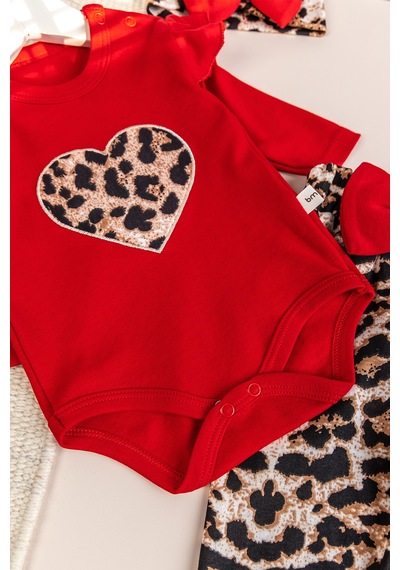 Babymod Leopar Desenli 3'lü Pamuklu Kız Bebek Takım Set Kırmızı