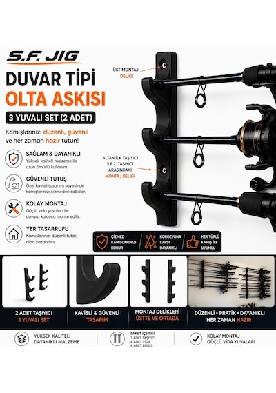 Duvar Tipi Olta Askısı 3 Yuvalı 2 Li Set Siyah Kamış Tutucu Ve Düzenleyici