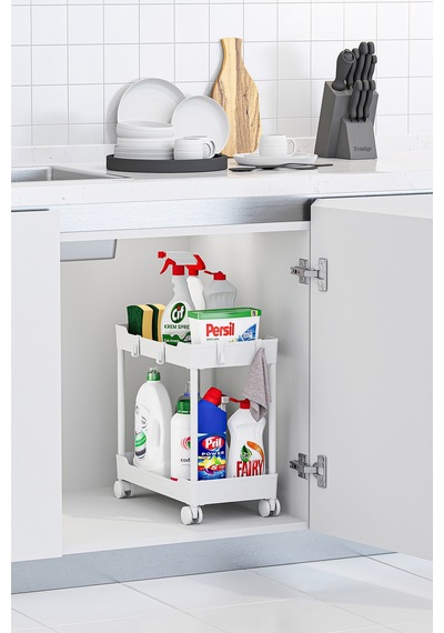 2 Adet Beyaz 2 Katlı Tekerlekli Düzenleyici Mutfak Ve Banyo Rafı
