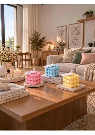 Mumelia Kalp Küplü Bubble Doğal Soya Blok Dekoratif Mum - Mor