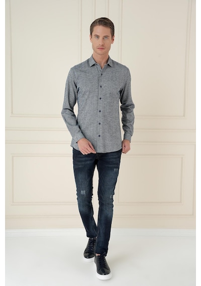 Efor Slim Fit Dokulu %100 Pamuk Lacivert Gömlek G 1584 Lacivert