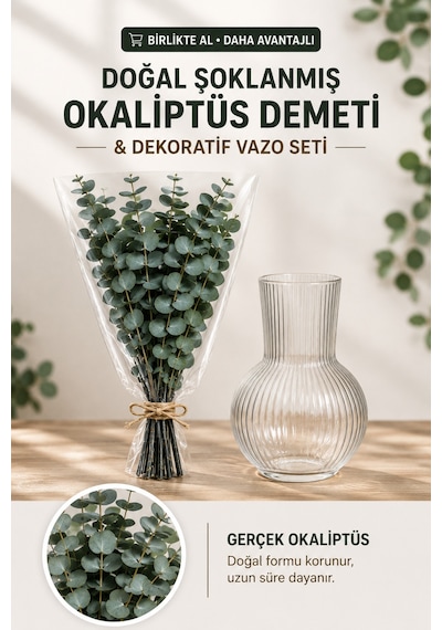 Şoklanmış Gerçek Okaliptüs Demeti 4 Ana Dal + Yan Dallı Büyük Demet Okaliptüs Ve Dekoratif Cam Vazo Yeşil