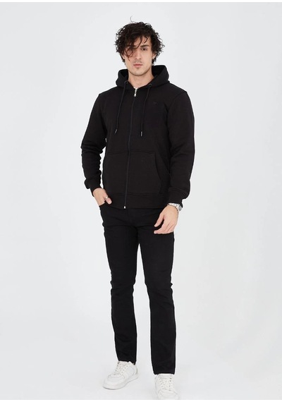 Erkek 3 İplik Pamuklu Kapüşonlu Tam Fermuarlı Cepli Hoodie Sweatshirt - Siyah