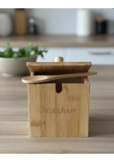 Kaşıklı Bambu Kapaklı Tuzluk Şekerlik - Dekoratif Mutfak Düzenleyici Tuz Kabı Baharatlık Kutusu 12cm Bambu