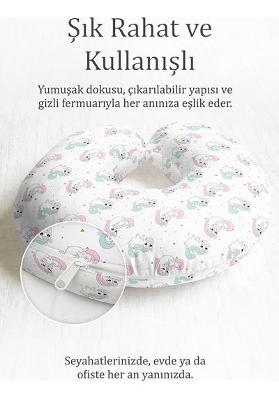 Unicorn Desenli Pamuklu Boyun Yastığı - Pastel Renkli Çocuk & Yetişkin Seyahat Yastığı Açık Lavanta Askeri Yeşil