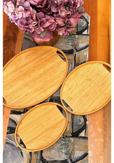 Makri Home Bambu Oval 3'lü Tepsi Seti. Küçük Tepsi: 20x29 Cm. Orta Tepsi: 26x36 Cm. Büyük Tepsi: 31x45 Cm Ahşap