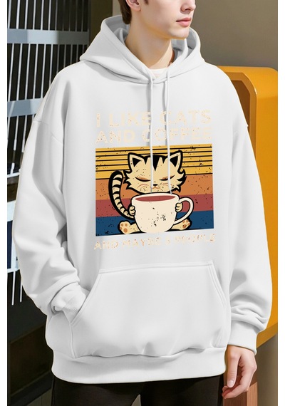Startmore Startmoresevimli Kedi Kahve İçiyor Desen Erkekler Y2k Hoody Hip Hop Polar Moda Hoodie Büyük Boy Sokak Beyaz