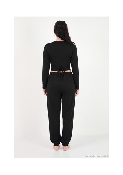 Lela V Yaka Kruvaze Bağlamalı Crop Üst Ve Jogger Alt Pijama Takımı Kadın Pijama Takımı 65780019 Siyah
