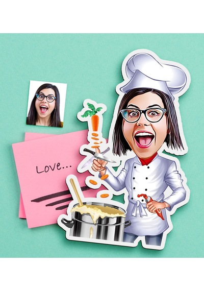 Kişiye Özel Bayan Chef Karikatürlü Ahşap Magnet Çok Renkli