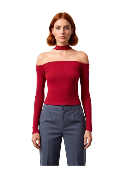 Ersefa Stil Kadın Carmen Yaka Choker Detaylı Fitted Vücuda Oturan Fitill bordo