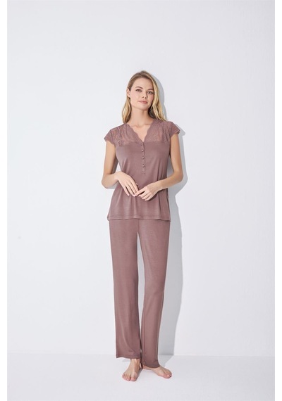 Monamise Kadın Yakası Kolu Ve Omzu Dantelli Önü Düğmeli Pijama Takımı 18509-kahve Kahverengi