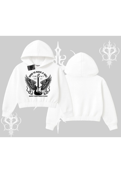 Kapşonlu Crop Sweatshirt Born To Rock Eternal Flame Legacy Beyaz