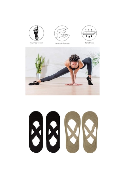 4 Adet Kadın Kaydırmaz Tabanlı Yoga Pilates Fitness Dans Ve Spor Çorabı Siyah - Bej
