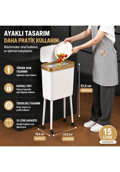 15 Litre Ayaklı Çöp Kovası Kapaklı Tekerlekli Mutfak Banyo Ofis Çöp Kutusu Tg3451