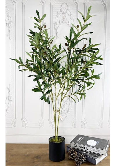 Yapay Çiçek Zeytin Ağacı 3 Dallı 90Cm Metal Mat Siyah Saksıda Yap