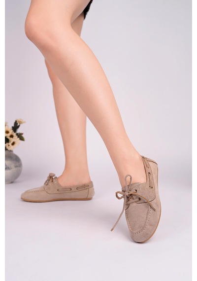 Nesilshoes Nesil Shoes Gabbel 300 Vizon Süet Bağcıklı Kadın Babet