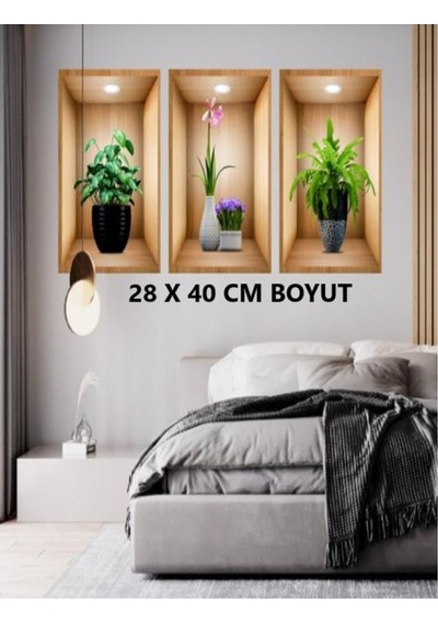 Stıcker 3d Duvar Stıckerı Ev Balkon Üç Boyutlu Üçlü Set Yapışkan Çiçek Vazo Tablo Görünümlü Yapışkanlı Etiket Kahverengi