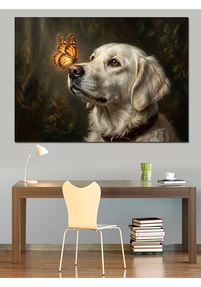 Kelebekli Beyaz Köpek Dostluğu Tablosu Dekoratif Kanvas - Mdf Ahşap Tablo