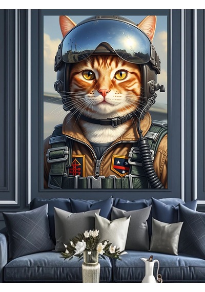 Ahşap Tablo Pilot Kasklı Kedi Portresi