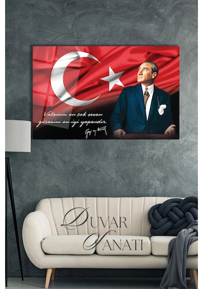 Atatürk Portre Ve Türk Bayrağı Vatanını En Çok Seven Görevini En İyi Yapandır Cam Tablo, Hediyelik
