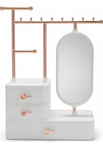 Aynalı Takı Düzenleyici Organizer Çekmeceli Masaüstü Takı Standı, Rose Gold Metal Askılı Beyaz