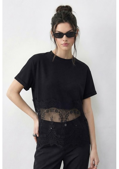 Shade Kadın Bisiklet Yaka Dantel Detaylı Rahat Kalıp T-shirt 1074 60286064 - Siyah
