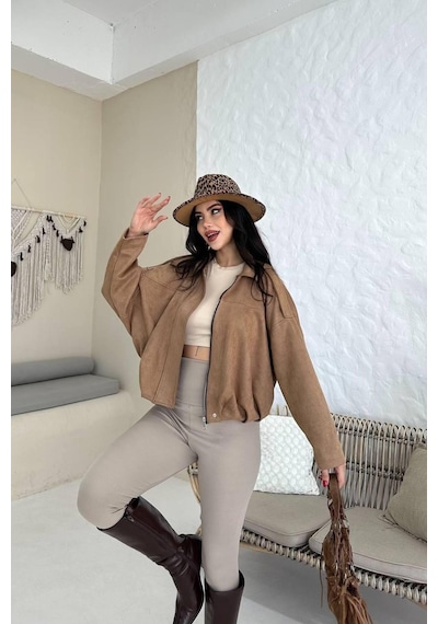 Prifaldi Zr Oversize Ekru Süet Bomber Ceket Vizon